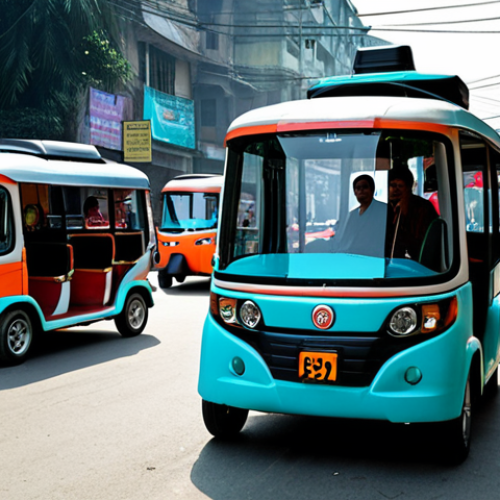 Home 11 **Prompt:** A sleek, futuristic autonomous car navigating a bustling city street in Dhaka. The car is surrounded by vibrant rickshaws, CNGs, and pedestrians wearing traditional clothing. Focus on showcasing the car's advanced sensors and cameras, highlighting its computer vision capabilities. Ensure the scene is realistic and captures the essence of a modernizing Bangladesh. Consider adding a touch of "Sci-Fi" flair.