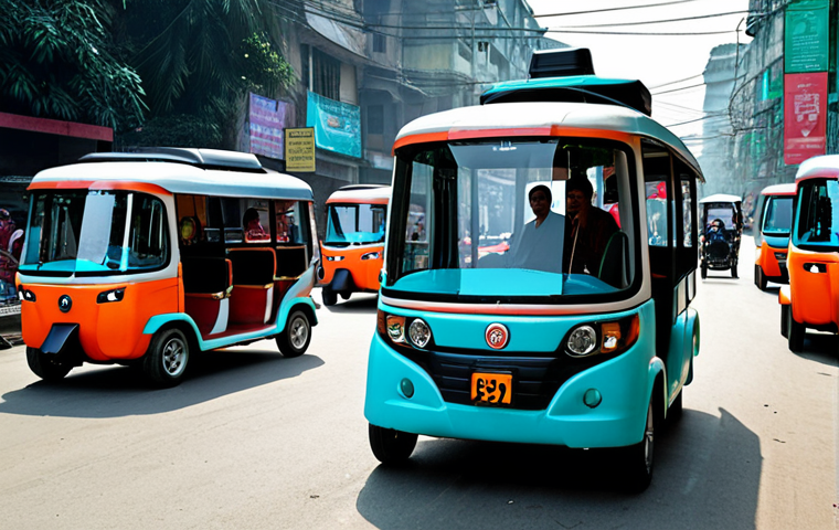 **Prompt:** A sleek, futuristic autonomous car navigating a bustling city street in Dhaka. The car is surrounded by vibrant rickshaws, CNGs, and pedestrians wearing traditional clothing. Focus on showcasing the car's advanced sensors and cameras, highlighting its computer vision capabilities. Ensure the scene is realistic and captures the essence of a modernizing Bangladesh. Consider adding a touch of "Sci-Fi" flair.