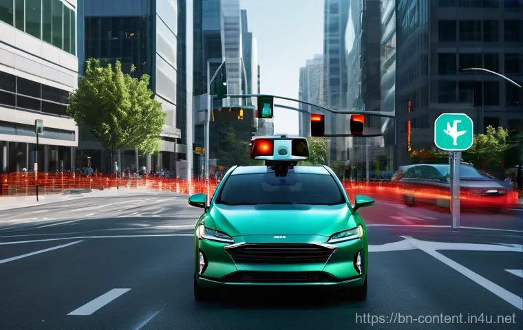 자율주행 자동차 AI - **Prompt:** A sleek, futuristic autonomous vehicle glides smoothly through a vibrant, illuminated ci...