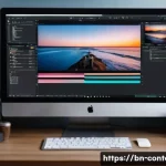 Home 17 AI 기반 영상 편집 툴 - A professional video editing workspace featuring a modern computer screen displaying an AI-powered v...