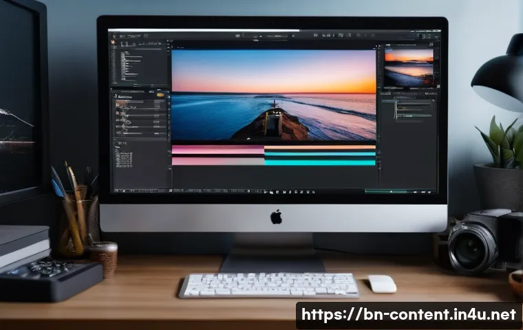 AI 기반 영상 편집 툴 - A professional video editing workspace featuring a modern computer screen displaying an AI-powered v...