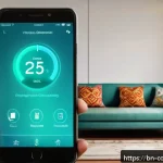 Home 21 AI와 IoT 융합 사례 - A modern Bengali smart home interior showcasing various IoT devices in action: a sleek smart thermos...