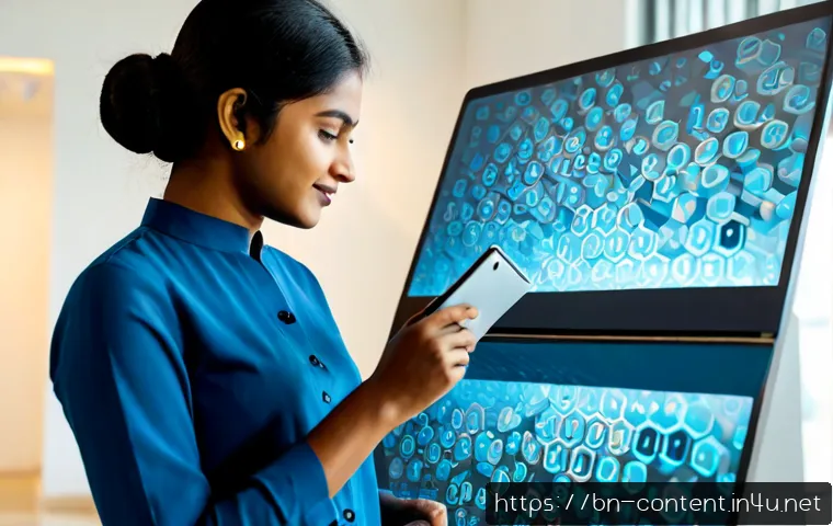 Home 17 AI와 블록체인 융합 - Photorealistic modern fintech workspace in Bangladesh, a Bengali professional reviewing a transparen...
